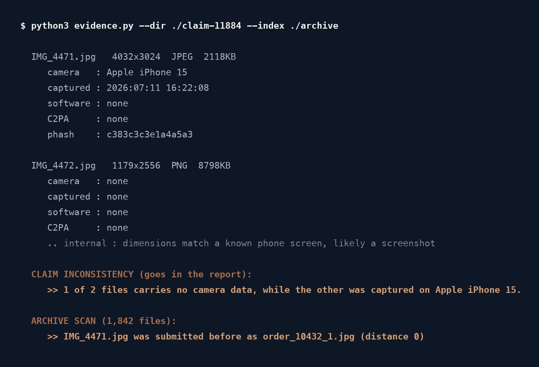 Terminal output showing image fingerprints, a screenshot flag, and an archive match