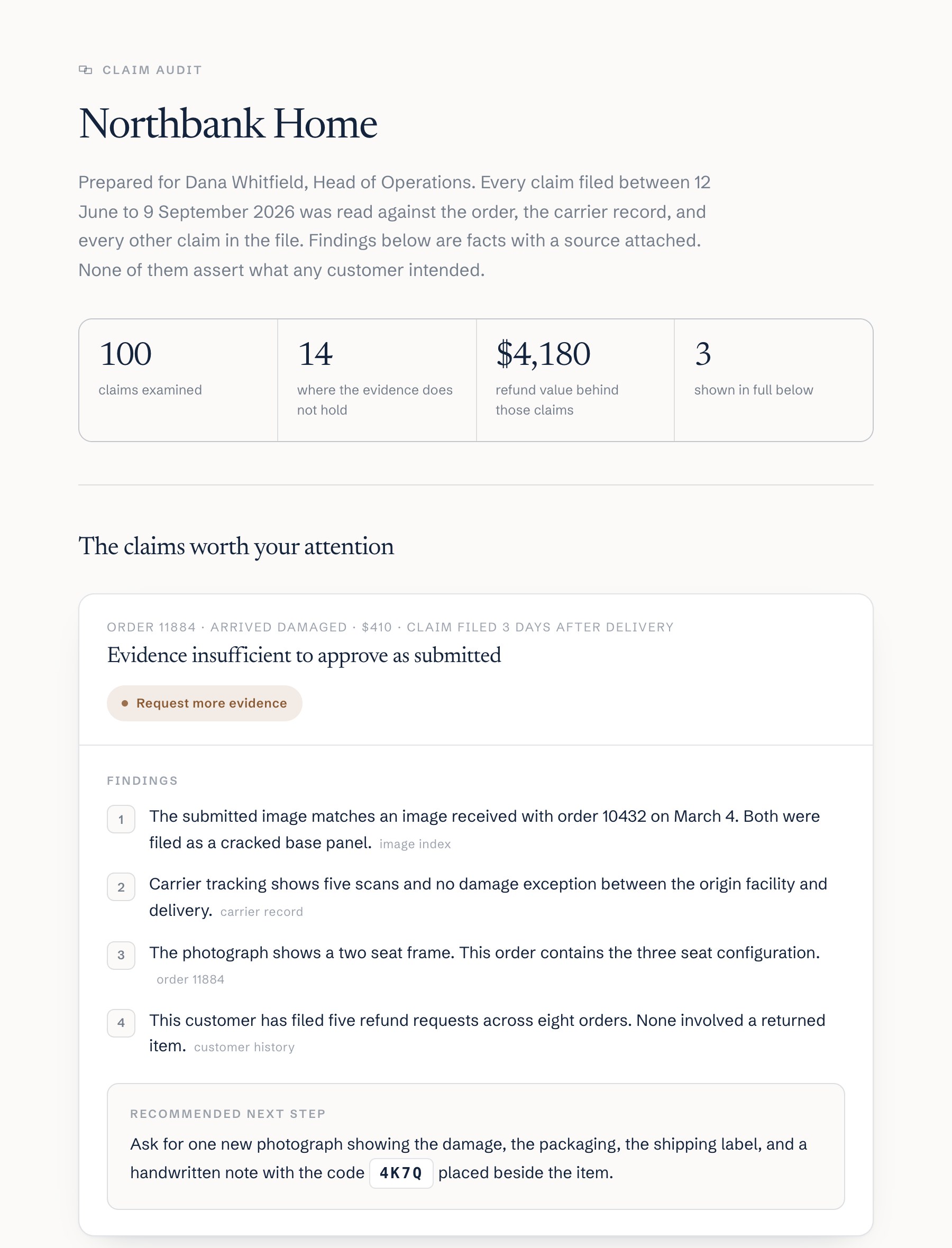 A VerifyReturns claim audit report showing three claims with findings and recommended actions